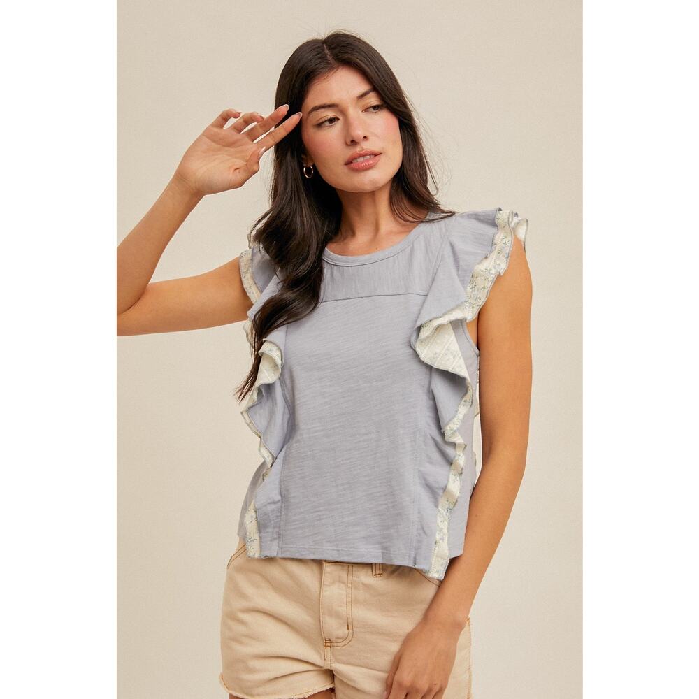 Daisy Print Contrast Flutter Ruffle Top - Picture 2 of 4